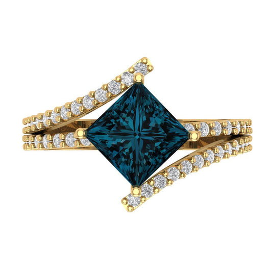 2.3075 cttw Natural London Blue Topaz Solitaire with Zirconia Simulated Diamond Accents Engagement Ring - Solid Yellow Gold (VVS1, Princess Cut,7.0mm)