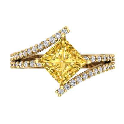2.3075 cttw Zirconia Simulated Yellow Diamond Solitaire with Zirconia Simulated Diamond Accents Engagement Ring - Solid Yellow Gold (VVS1, Princess Cut,7.0mm)