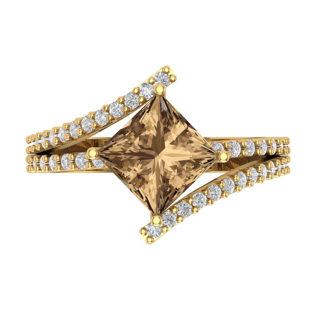 2.3075 cttw Zirconia Simulated Champagne Diamond Solitaire with Zirconia Simulated Diamond Accents Engagement Ring - Solid Yellow Gold (VVS1, Princess Cut,7.0mm)