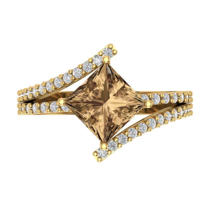 2.3075 cttw Zirconia Simulated Champagne Diamond Solitaire with Zirconia Simulated Diamond Accents Engagement Ring - Solid Yellow Gold (VVS1, Princess Cut,7.0mm)