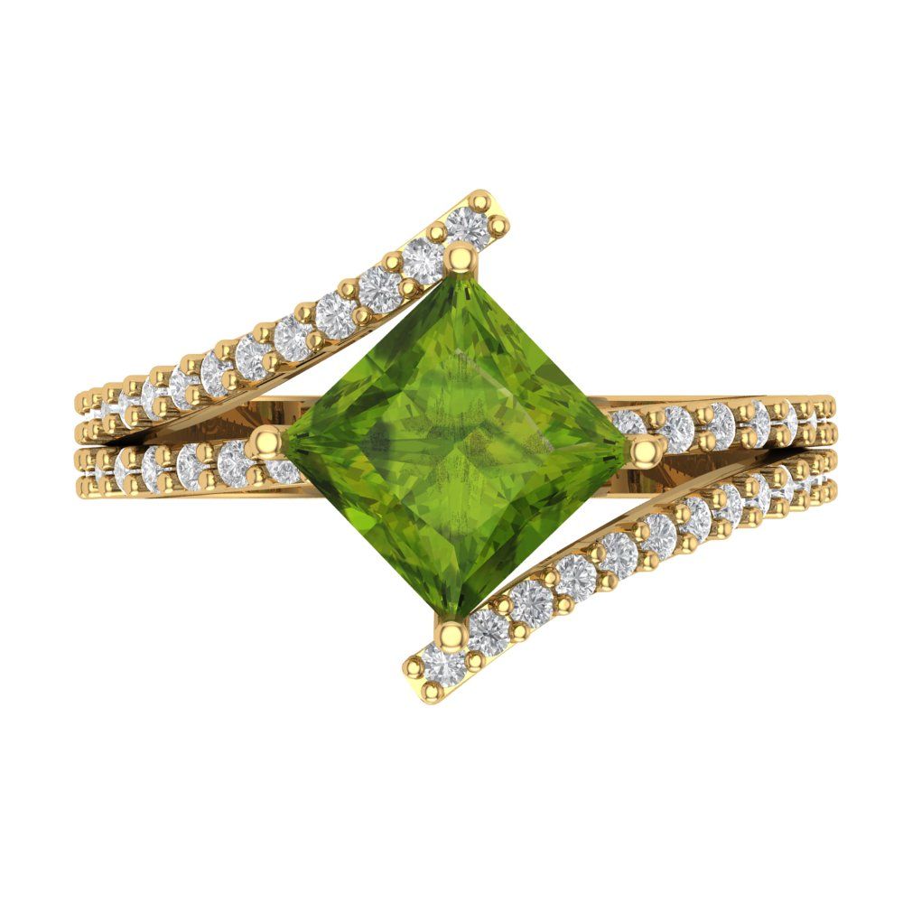 2.3075 cttw Natural Peridot Solitaire with Zirconia Simulated Diamond Accents Engagement Ring - Solid Yellow Gold (VVS1, Princess Cut,7.0mm)