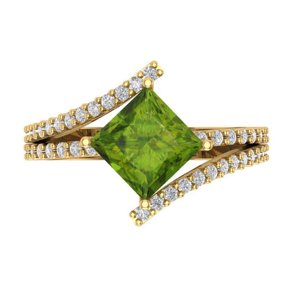 2.3075 cttw Natural Peridot Solitaire with Zirconia Simulated Diamond Accents Engagement Ring - Solid Yellow Gold (VVS1, Princess Cut,7.0mm)