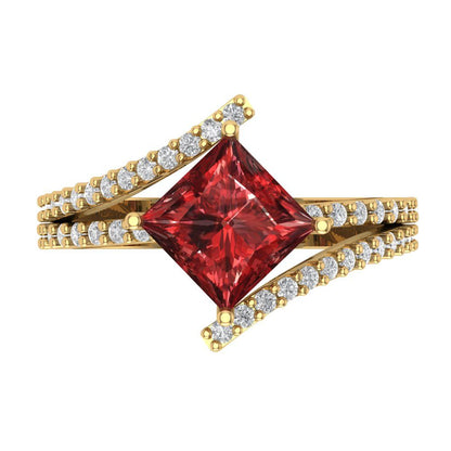 2.3075 cttw Natural Garnet Solitaire with Zirconia Simulated Diamond Accents Engagement Ring - Solid Yellow Gold (VVS1, Princess Cut,7.0mm)