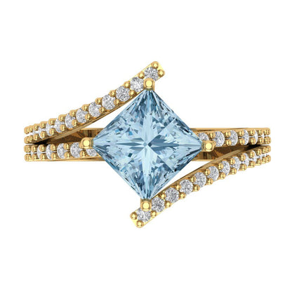 2.3075 cttw Natural Aquamarine Solitaire with Zirconia Simulated Diamond Accents Engagement Ring - Solid Yellow Gold (VVS1, Princess Cut,7.0mm)