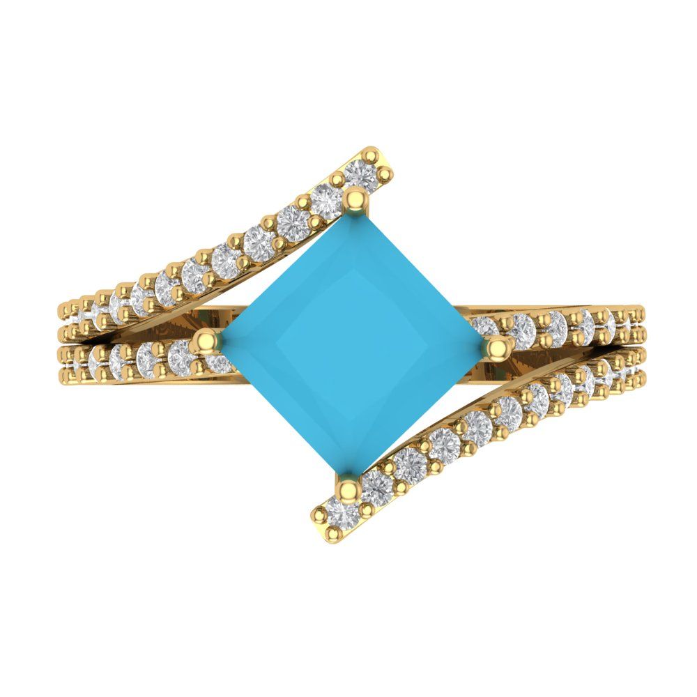 2.3075 cttw Simulated Turquoise Solitaire with Zirconia Simulated Diamond Accents Engagement Ring - Solid Yellow Gold (VVS1, Princess Cut,7.0mm)