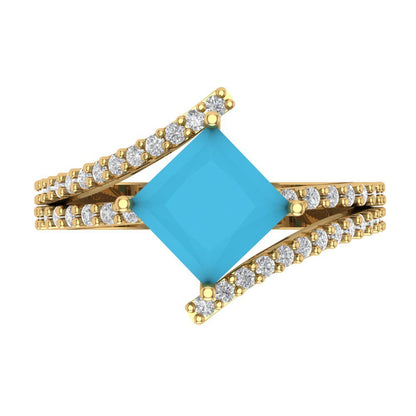 2.3075 cttw Simulated Turquoise Solitaire with Zirconia Simulated Diamond Accents Engagement Ring - Solid Yellow Gold (VVS1, Princess Cut,7.0mm)