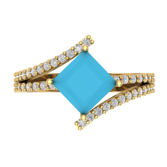 2.3075 cttw Simulated Turquoise Solitaire with Zirconia Simulated Diamond Accents Engagement Ring - Solid Yellow Gold (VVS1, Princess Cut,7.0mm)