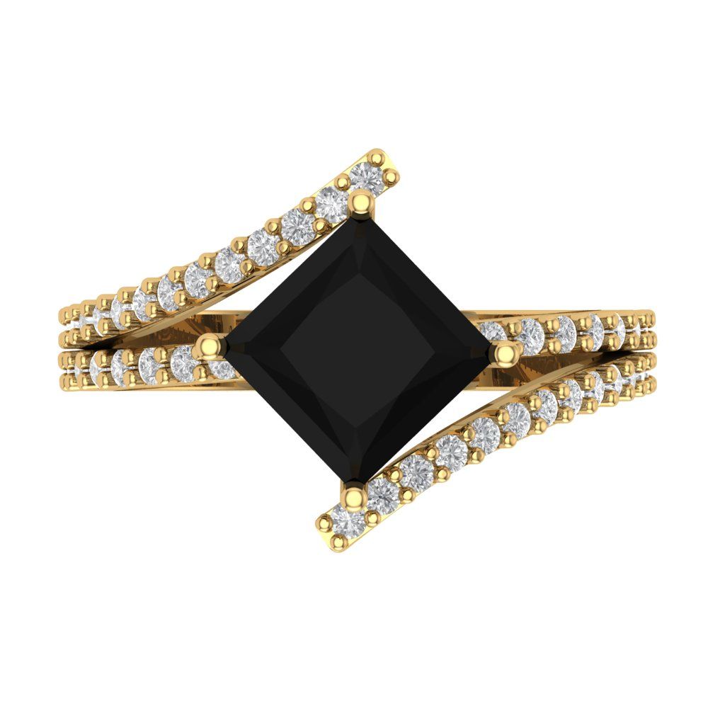2.3075 cttw Natural Onyx Solitaire with Zirconia Simulated Diamond Accents Engagement Ring - Solid Yellow Gold (VVS1, Princess Cut,7.0mm)