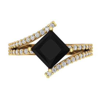 2.3075 cttw Natural Onyx Solitaire with Zirconia Simulated Diamond Accents Engagement Ring - Solid Yellow Gold (VVS1, Princess Cut,7.0mm)