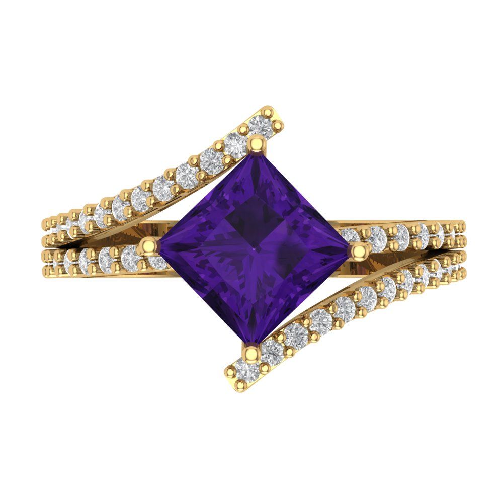 2.3075 cttw Natural Amethyst Solitaire with Zirconia Simulated Diamond Accents Engagement Ring - Solid Yellow Gold (VVS1, Princess Cut,7.0mm)