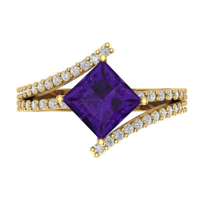 2.3075 cttw Natural Amethyst Solitaire with Zirconia Simulated Diamond Accents Engagement Ring - Solid Yellow Gold (VVS1, Princess Cut,7.0mm)