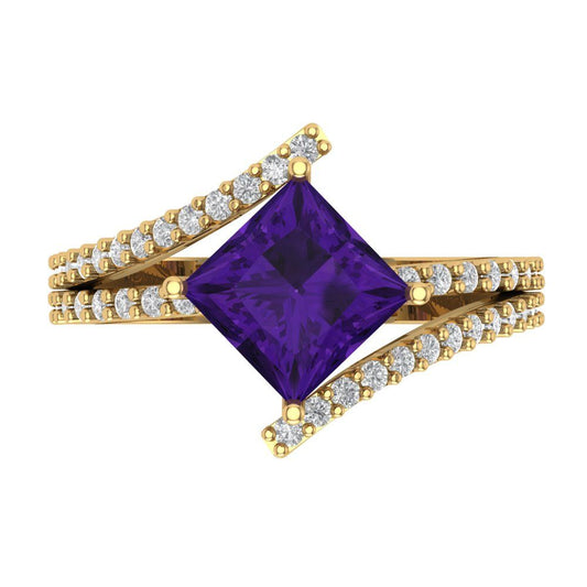 2.3075 cttw Natural Amethyst Solitaire with Zirconia Simulated Diamond Accents Engagement Ring - Solid Yellow Gold (VVS1, Princess Cut,7.0mm)