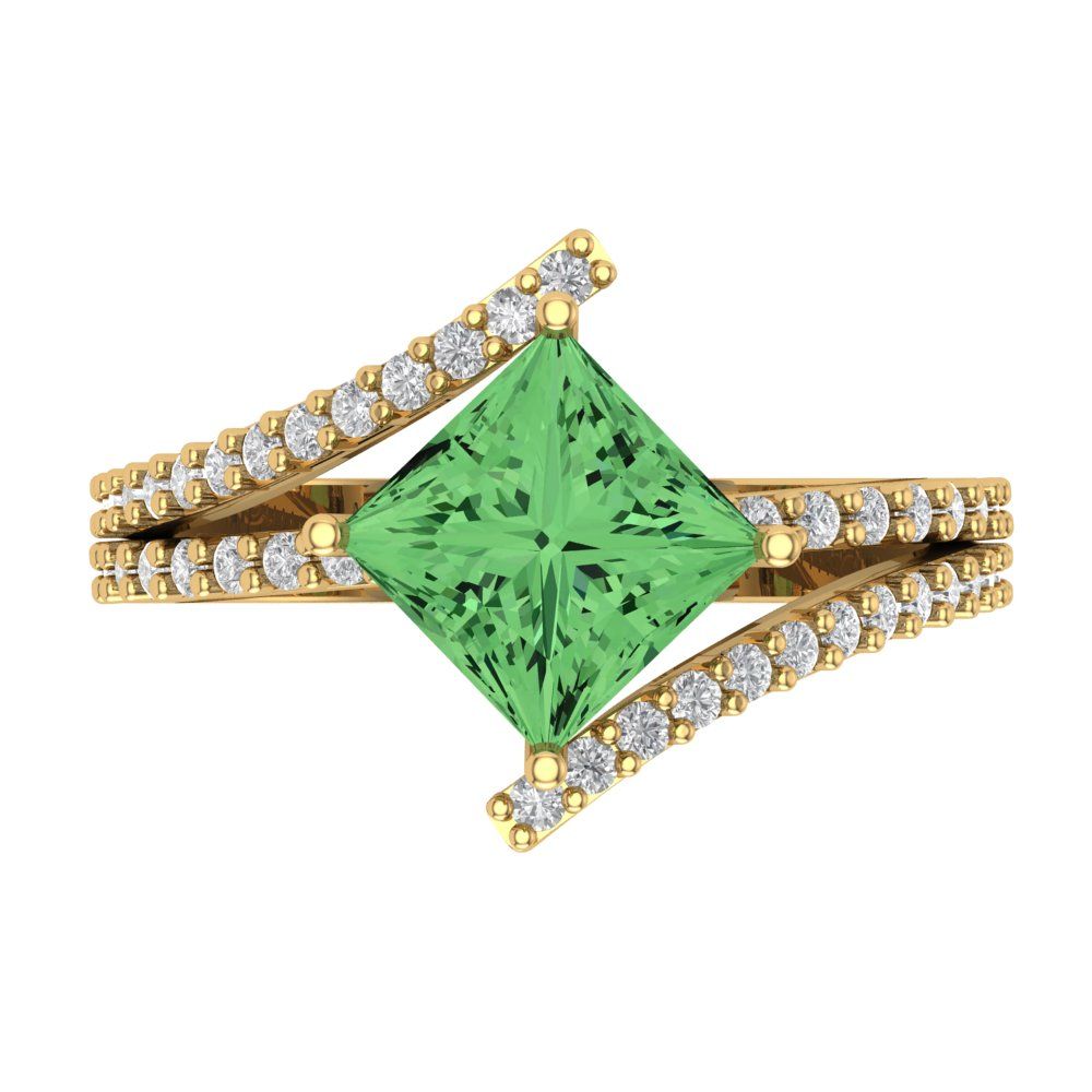 2.3075 cttw Zirconia Simulated Green Diamond Solitaire with Zirconia Simulated Diamond Accents Engagement Ring - Solid Yellow Gold (VVS1, Princess Cut,7.0mm)