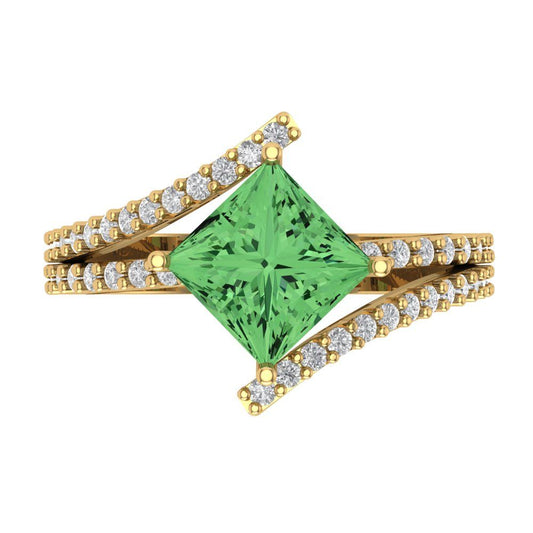 2.3075 cttw Zirconia Simulated Green Diamond Solitaire with Zirconia Simulated Diamond Accents Engagement Ring - Solid Yellow Gold (VVS1, Princess Cut,7.0mm)