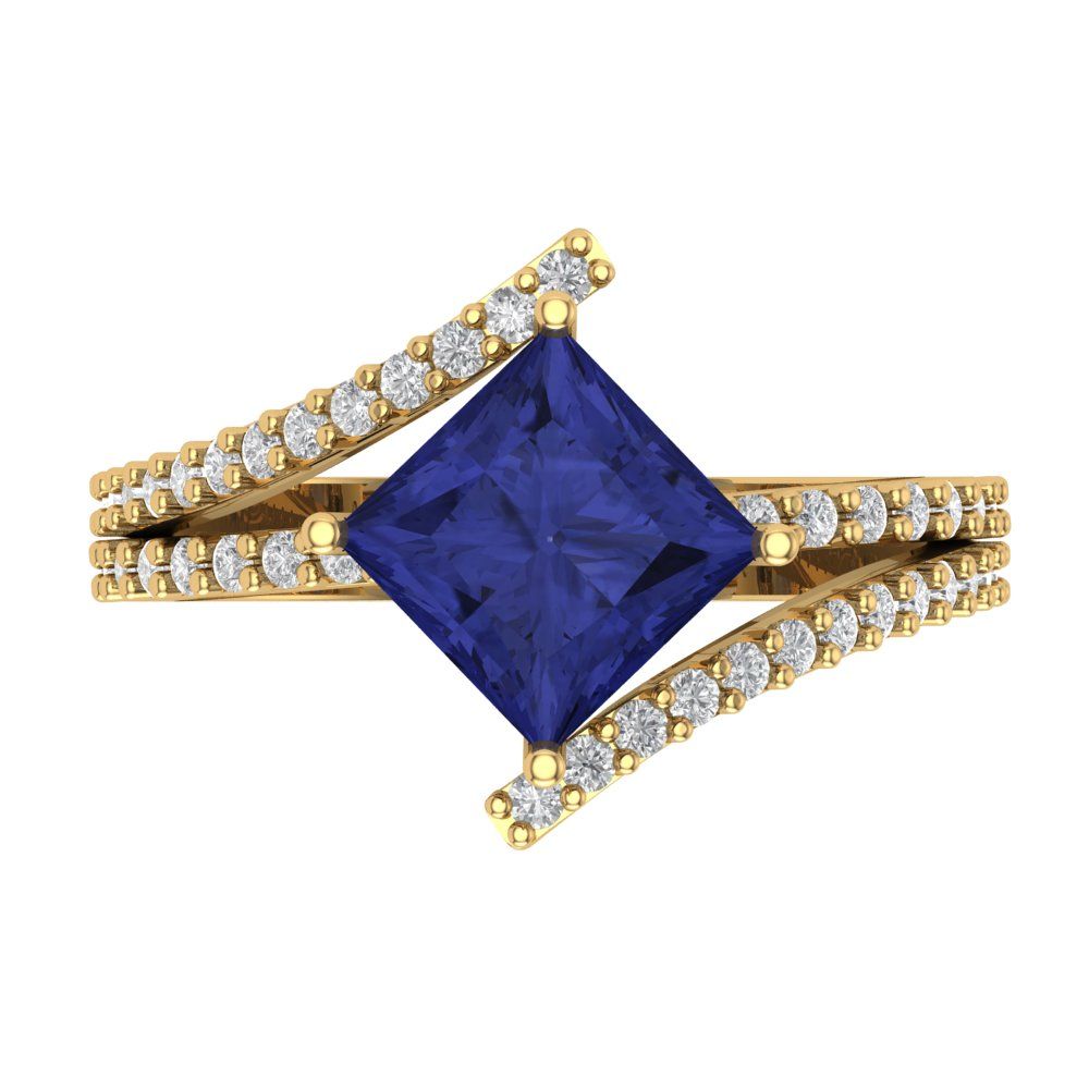 2.3075 cttw Simulated Tanzanite Solitaire with Zirconia Simulated Diamond Accents Engagement Ring - Solid Yellow Gold (VVS1, Princess Cut,7.0mm)