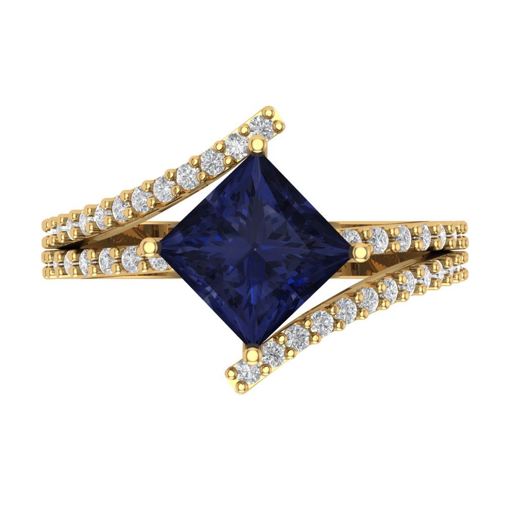 2.3075 cttw Simulated Blue Sapphire Solitaire with Zirconia Simulated Diamond Accents Engagement Ring - Solid Yellow Gold (VVS1, Princess Cut,7.0mm)