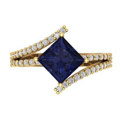 2.3075 cttw Simulated Blue Sapphire Solitaire with Zirconia Simulated Diamond Accents Engagement Ring - Solid Yellow Gold (VVS1, Princess Cut,7.0mm)