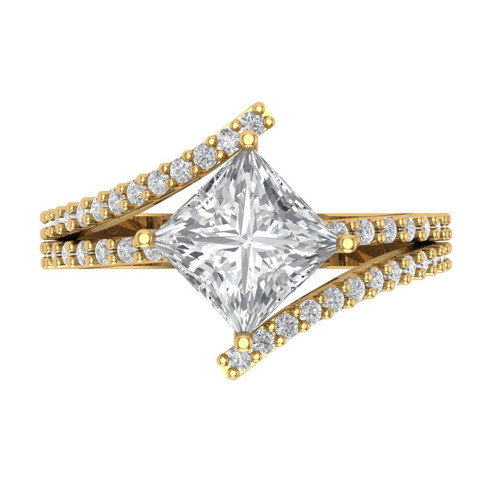 2.3075 cttw Moissanite Solitaire with Zirconia Simulated Diamond Accents Engagement Ring - Solid Yellow Gold (VVS1, Princess Cut,7.0mm)