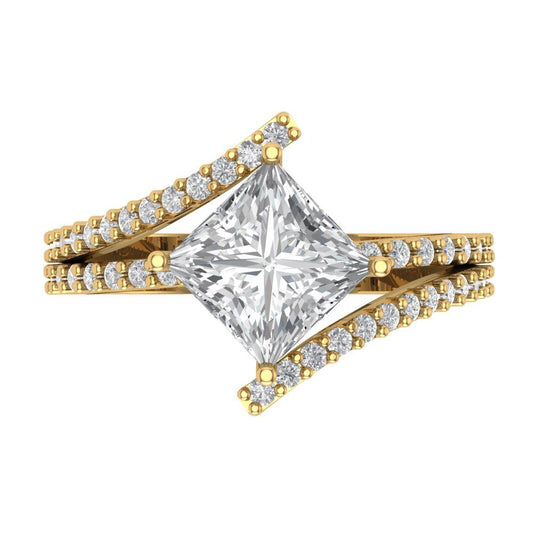 2.3075 cttw Moissanite Solitaire with Zirconia Simulated Diamond Accents Engagement Ring - Solid Yellow Gold (VVS1, Princess Cut,7.0mm)