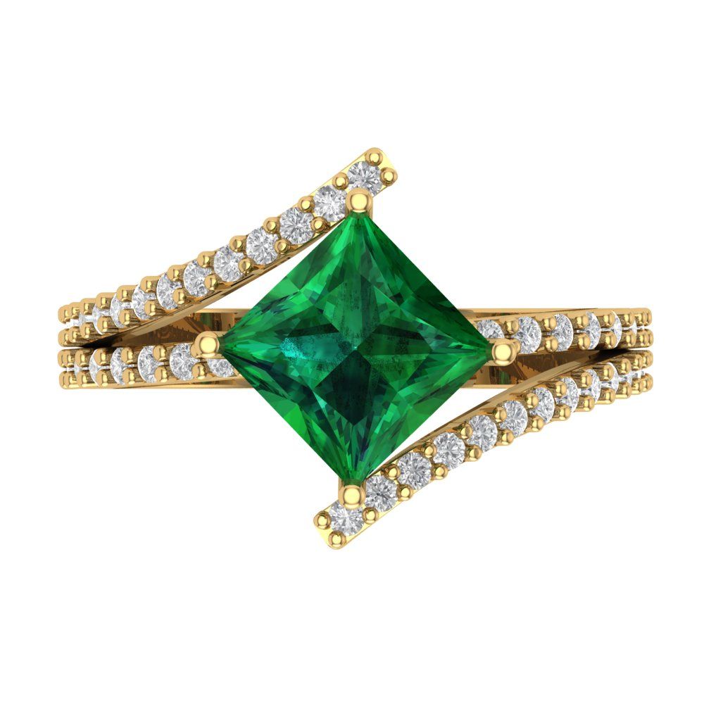 2.3075 cttw Simulated Emerald Solitaire with Zirconia Simulated Diamond Accents Engagement Ring - Solid Yellow Gold (VVS1, Princess Cut,7.0mm)