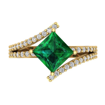 2.3075 cttw Simulated Emerald Solitaire with Zirconia Simulated Diamond Accents Engagement Ring - Solid Yellow Gold (VVS1, Princess Cut,7.0mm)