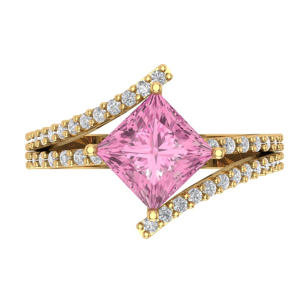 2.3075 cttw Zirconia Simulated Pink Diamond Solitaire with Zirconia Simulated Diamond Accents Engagement Ring - Solid Yellow Gold (VVS1, Princess Cut,7.0mm)