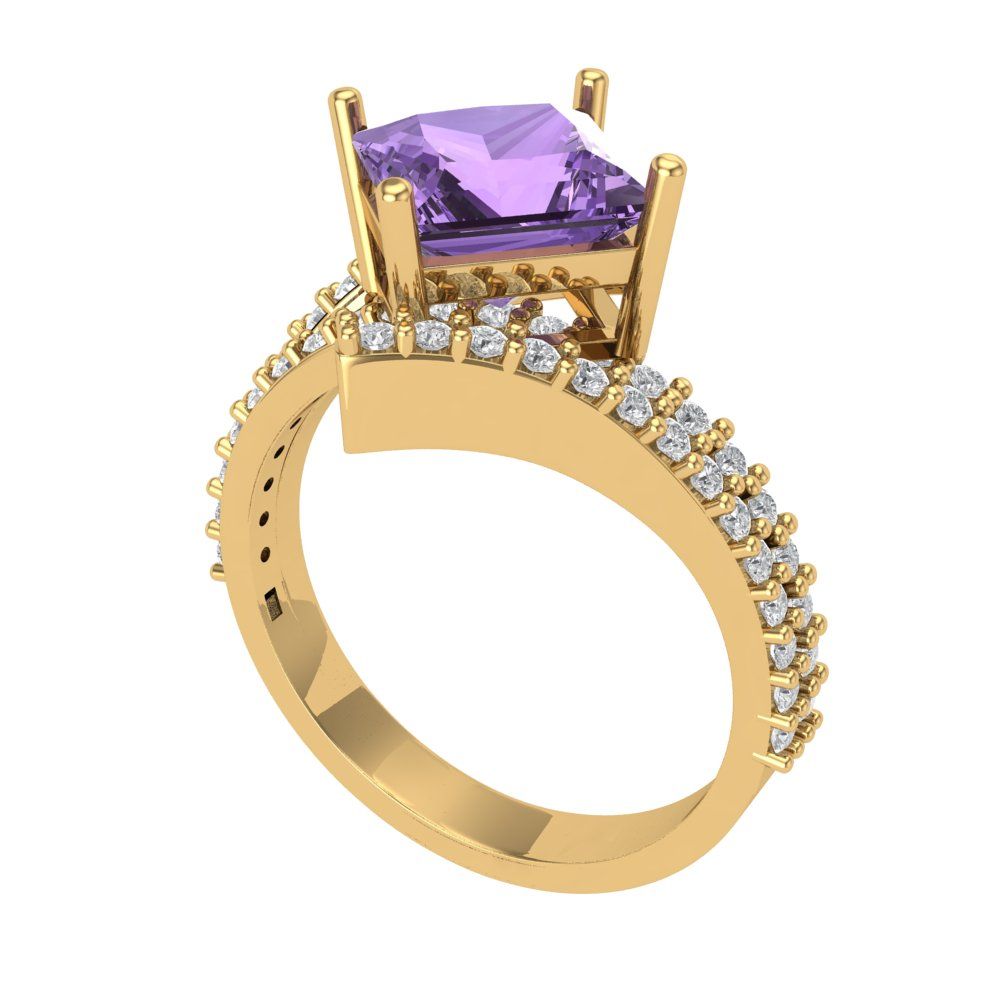2.3075 cttw Simulated Alexandrite Solitaire with Zirconia Simulated Diamond Accents Engagement Ring - Solid Yellow Gold (VVS1, Princess Cut,7.0mm)