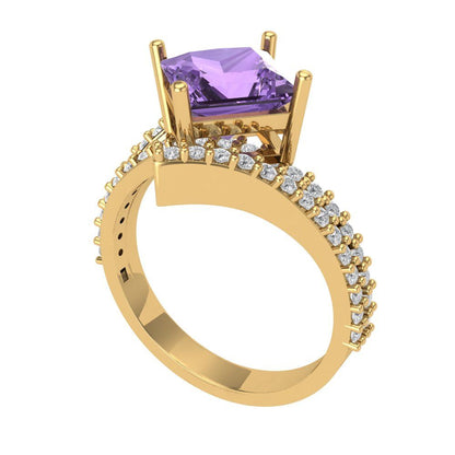 2.3075 cttw Simulated Alexandrite Solitaire with Zirconia Simulated Diamond Accents Engagement Ring - Solid Yellow Gold (VVS1, Princess Cut,7.0mm)