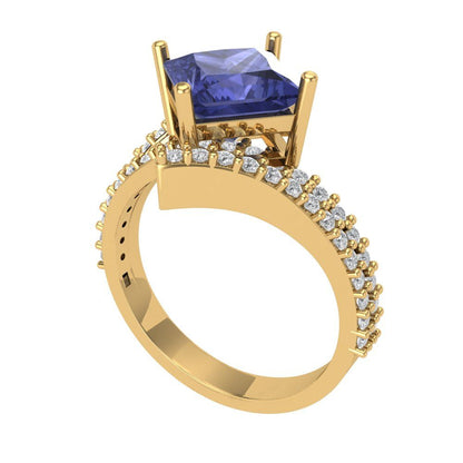 2.3075 cttw Simulated Tanzanite Solitaire with Zirconia Simulated Diamond Accents Engagement Ring - Solid Yellow Gold (VVS1, Princess Cut,7.0mm)