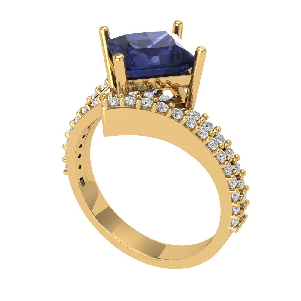 2.3075 cttw Simulated Blue Sapphire Solitaire with Zirconia Simulated Diamond Accents Engagement Ring - Solid Yellow Gold (VVS1, Princess Cut,7.0mm)