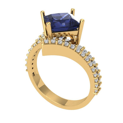 2.3075 cttw Simulated Blue Sapphire Solitaire with Zirconia Simulated Diamond Accents Engagement Ring - Solid Yellow Gold (VVS1, Princess Cut,7.0mm)