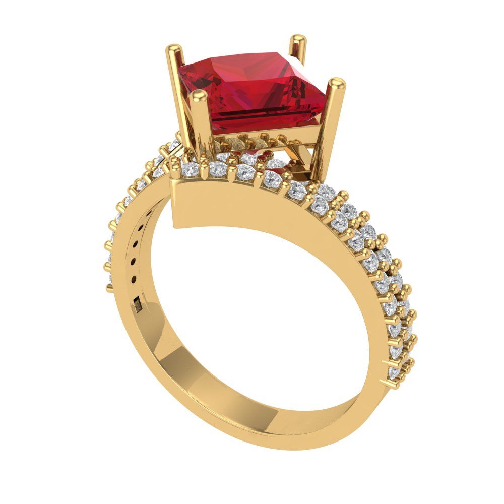 2.3075 cttw Simulated Ruby Solitaire with Zirconia Simulated Diamond Accents Engagement Ring - Solid Yellow Gold (VVS1, Princess Cut,7.0mm)