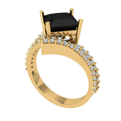 2.3075 cttw Natural Onyx Solitaire with Zirconia Simulated Diamond Accents Engagement Ring - Solid Yellow Gold (VVS1, Princess Cut,7.0mm)