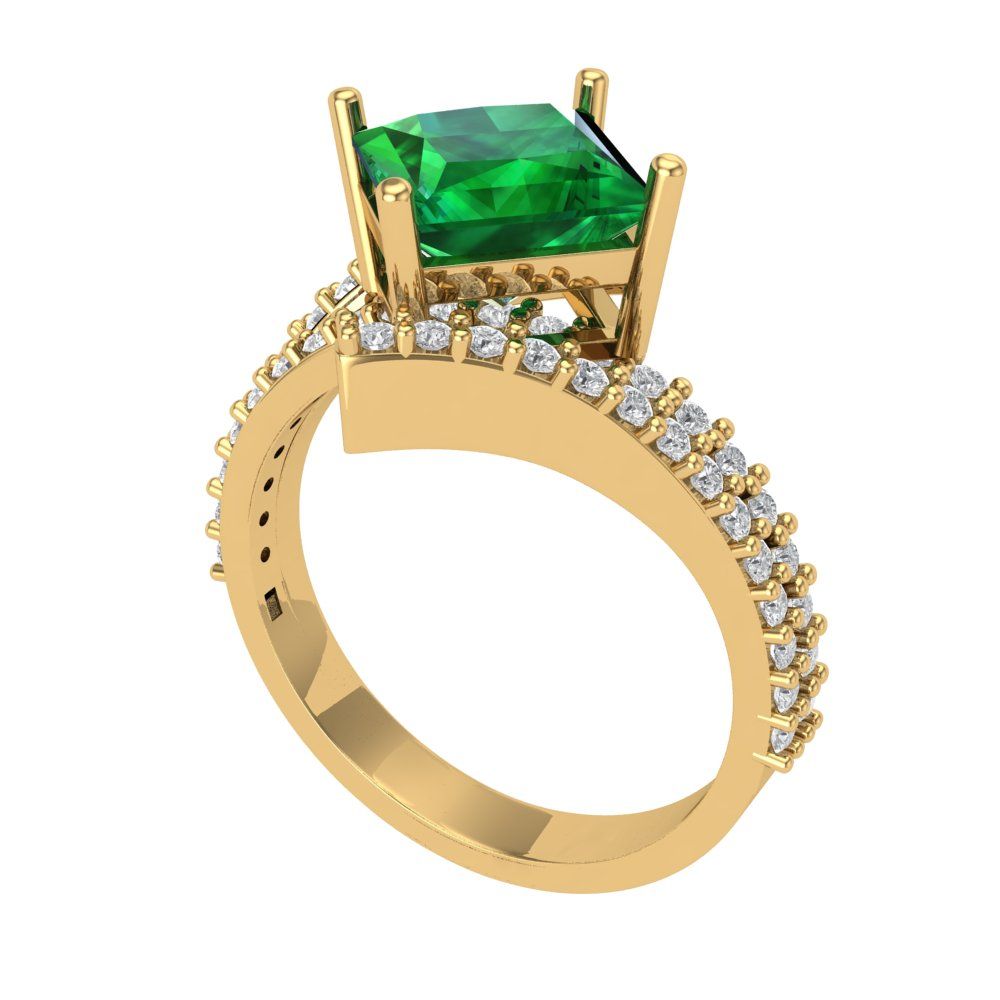2.3075 cttw Simulated Emerald Solitaire with Zirconia Simulated Diamond Accents Engagement Ring - Solid Yellow Gold (VVS1, Princess Cut,7.0mm)