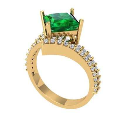 2.3075 cttw Simulated Emerald Solitaire with Zirconia Simulated Diamond Accents Engagement Ring - Solid Yellow Gold (VVS1, Princess Cut,7.0mm)