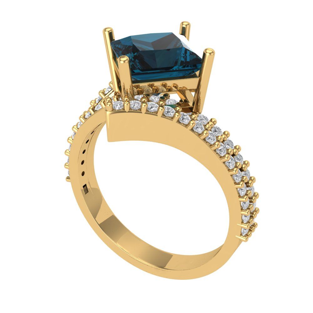 2.3075 cttw Natural London Blue Topaz Solitaire with Zirconia Simulated Diamond Accents Engagement Ring - Solid Yellow Gold (VVS1, Princess Cut,7.0mm)