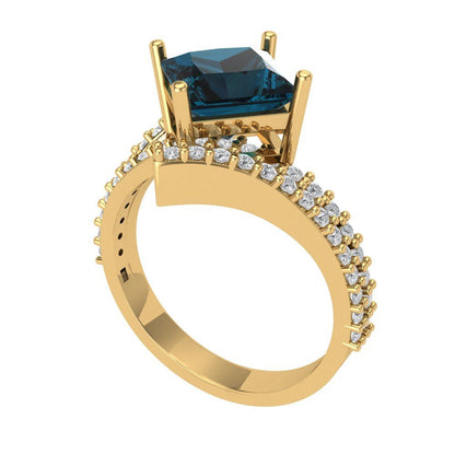 2.3075 cttw Natural London Blue Topaz Solitaire with Zirconia Simulated Diamond Accents Engagement Ring - Solid Yellow Gold (VVS1, Princess Cut,7.0mm)