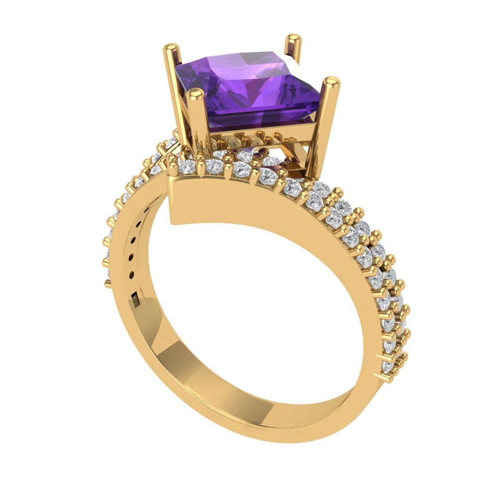 2.3075 cttw Natural Amethyst Solitaire with Zirconia Simulated Diamond Accents Engagement Ring - Solid Yellow Gold (VVS1, Princess Cut,7.0mm)