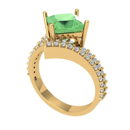 2.3075 cttw Zirconia Simulated Green Diamond Solitaire with Zirconia Simulated Diamond Accents Engagement Ring - Solid Yellow Gold (VVS1, Princess Cut,7.0mm)