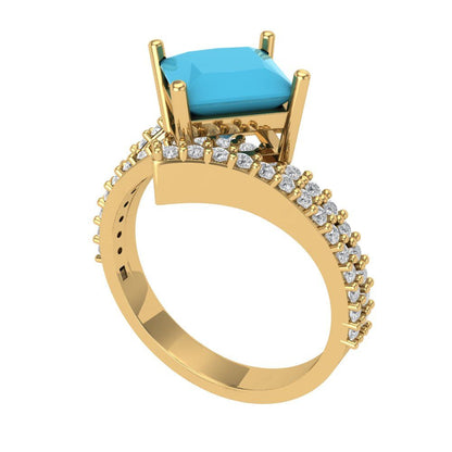 2.3075 cttw Simulated Turquoise Solitaire with Zirconia Simulated Diamond Accents Engagement Ring - Solid Yellow Gold (VVS1, Princess Cut,7.0mm)