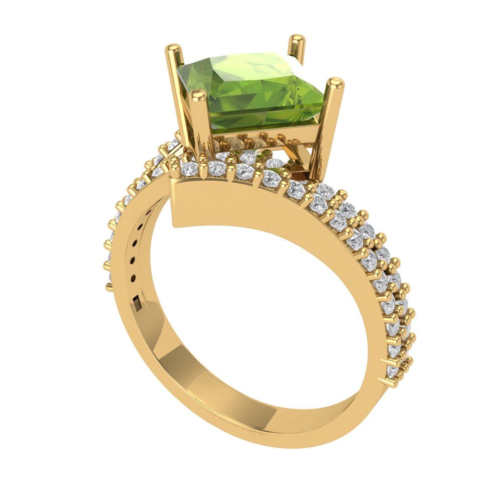 2.3075 cttw Natural Peridot Solitaire with Zirconia Simulated Diamond Accents Engagement Ring - Solid Yellow Gold (VVS1, Princess Cut,7.0mm)