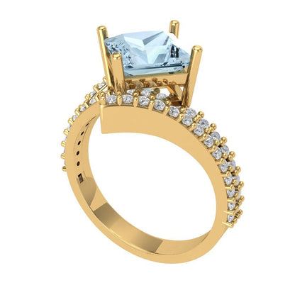 2.3075 cttw Natural Aquamarine Solitaire with Zirconia Simulated Diamond Accents Engagement Ring - Solid Yellow Gold (VVS1, Princess Cut,7.0mm)