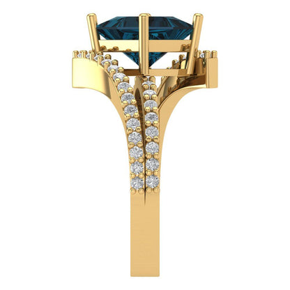 2.3075 cttw Natural London Blue Topaz Solitaire with Zirconia Simulated Diamond Accents Engagement Ring - Solid Yellow Gold (VVS1, Princess Cut,7.0mm)