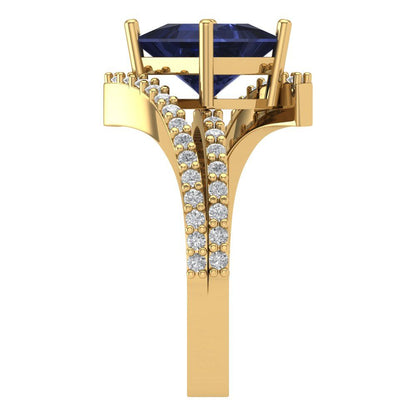 2.3075 cttw Simulated Blue Sapphire Solitaire with Zirconia Simulated Diamond Accents Engagement Ring - Solid Yellow Gold (VVS1, Princess Cut,7.0mm)