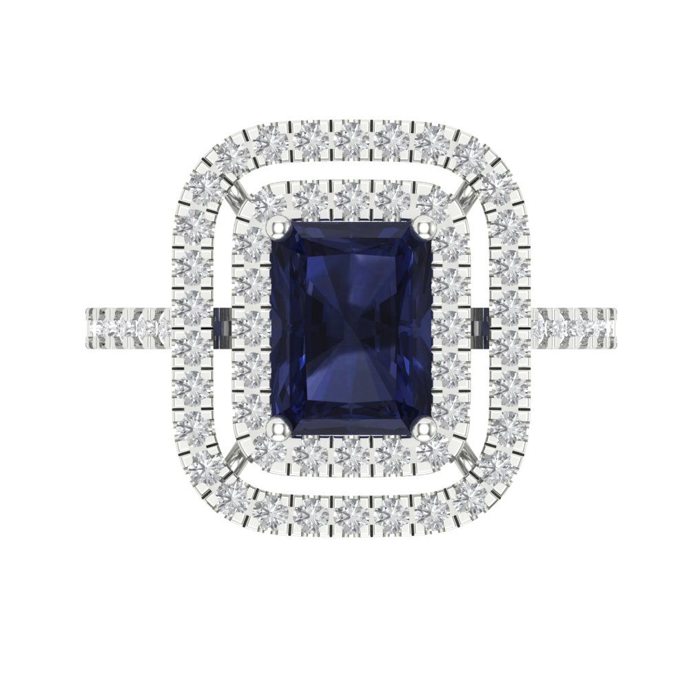 2.62 cttw Simulated Blue Sapphire Hidden Halo Engagement Ring - Solid White Gold (VVS1, Emerald Cut,8X6.0mm)