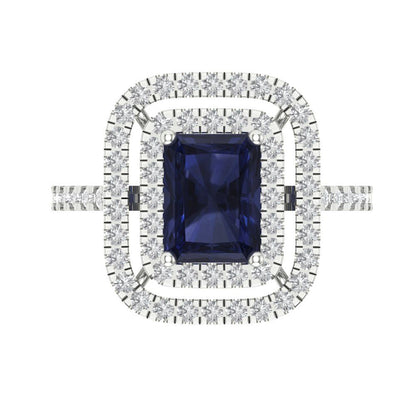 2.62 cttw Simulated Blue Sapphire Hidden Halo Engagement Ring - Solid White Gold (VVS1, Emerald Cut,8X6.0mm)