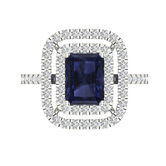 2.62 cttw Simulated Blue Sapphire Hidden Halo Engagement Ring - Solid White Gold (VVS1, Emerald Cut,8X6.0mm)