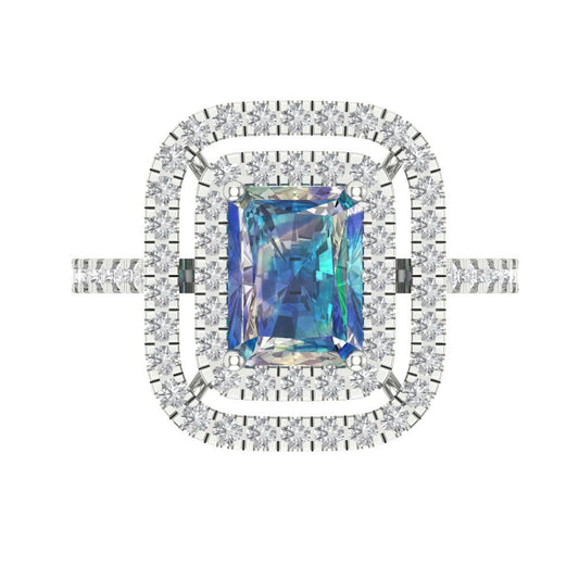 2.62 cttw Blue Moissanite Hidden Halo Engagement Ring - Solid White Gold (VVS1, Emerald Cut,8X6.0mm)