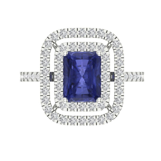 2.62 cttw Simulated Tanzanite Hidden Halo Engagement Ring - Solid White Gold (VVS1, Emerald Cut,8X6.0mm)