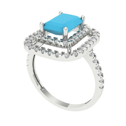2.62 cttw Simulated Turquoise Hidden Halo Engagement Ring - Solid White Gold (VVS1, Emerald Cut,8X6.0mm)